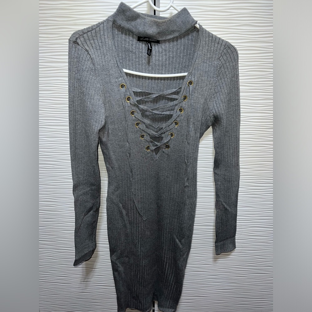Gray cut out lace up front sweater dress